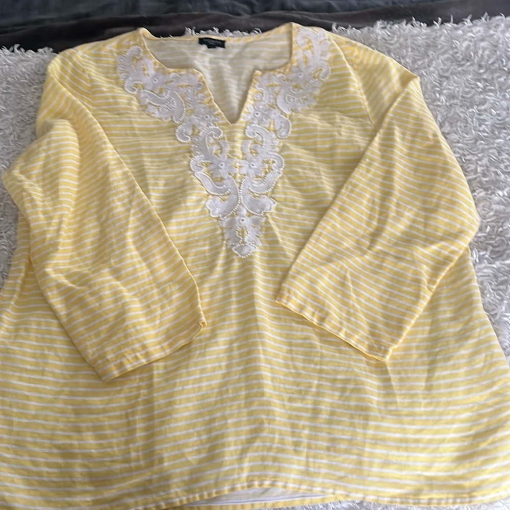 Talbots Petite 100% linen top yellow and white striped EUC LP beaded tunic